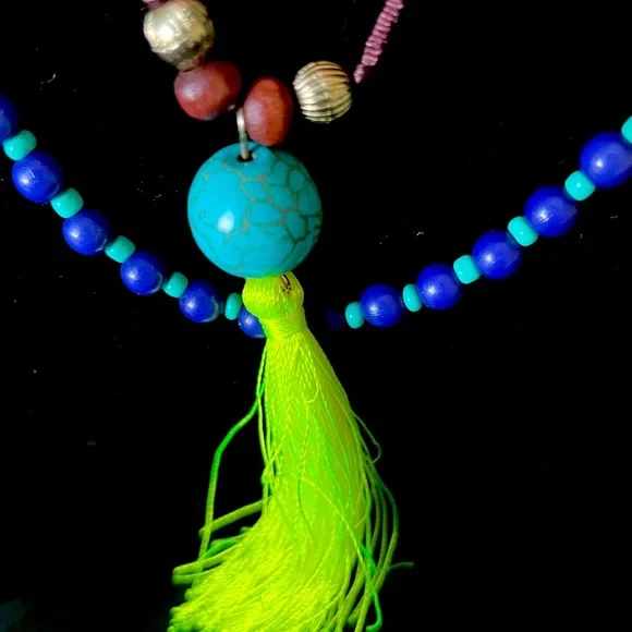 Layered Beaded Corded Boho Necklace with Tassels Mixed Glass Wood Acrylic Beads - Picture 4 of 4
